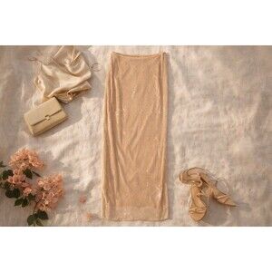 New Champagne Sequin Maxi Skirt High Waisted Wedding Guest Resort Glam Summer L